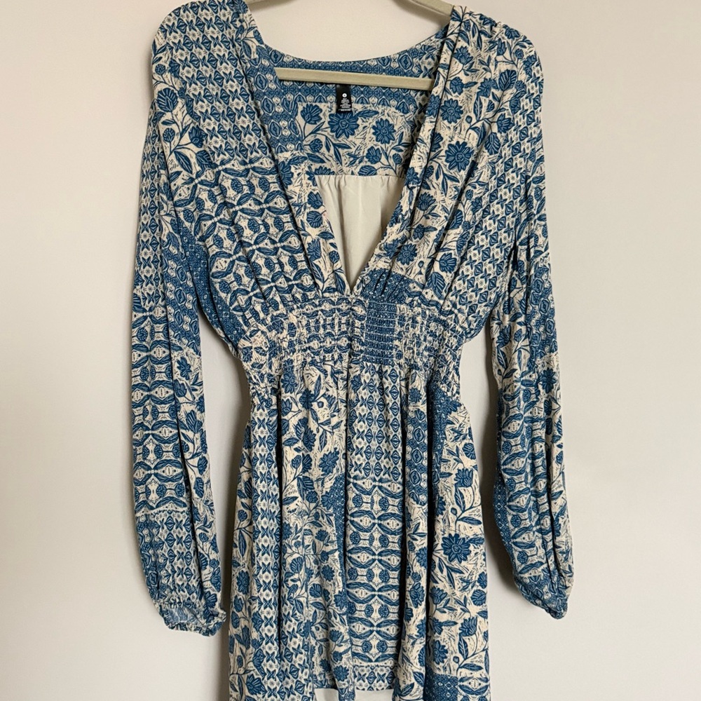 AQUA Boho Mini Dress | Blue & Cream | Size S
